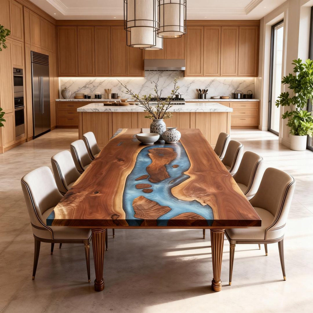 Custom Walnut Epoxy Resin River Table Sea-Glass Blue KMF-724