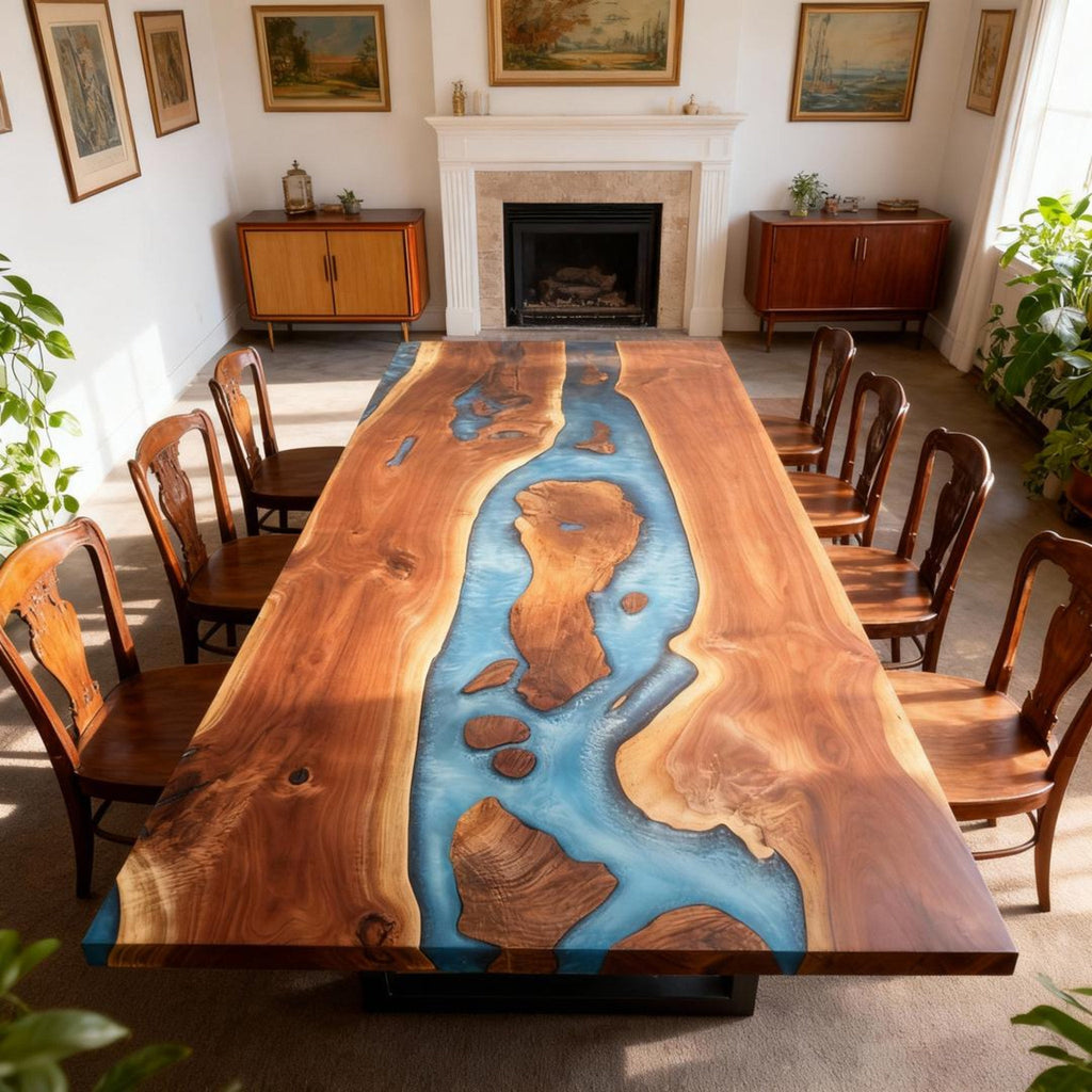 Custom Walnut Epoxy Resin River Table Sea-Glass Blue KMF-724