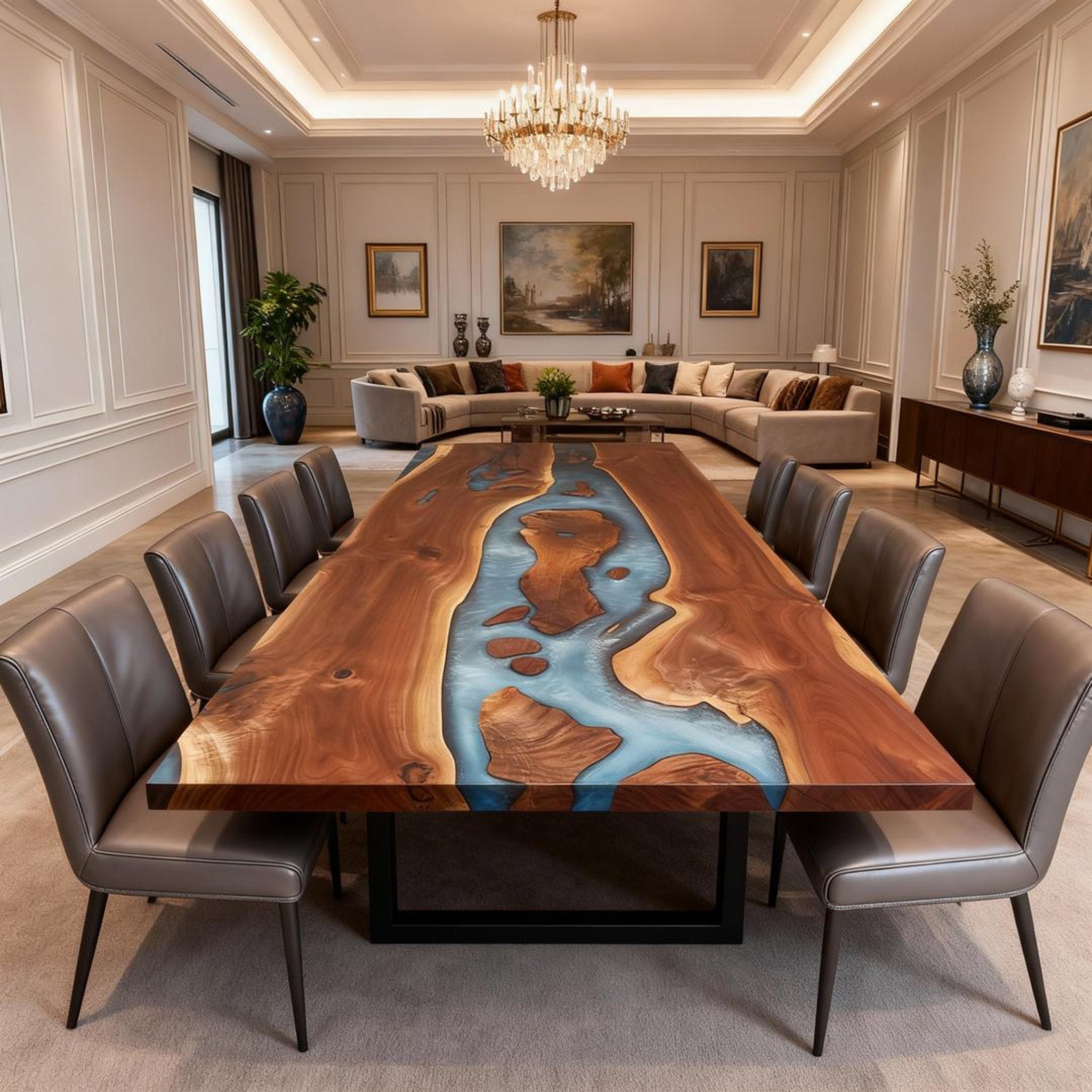 Table rivière personnalisée en résine époxy et noyer, bleu verre de mer KMF-724