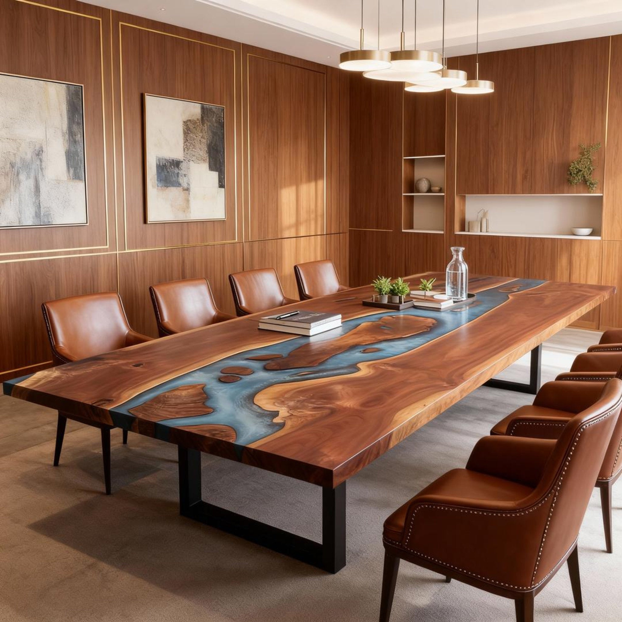 Custom Walnut Epoxy Resin River Table Sea-Glass Blue KMF-724