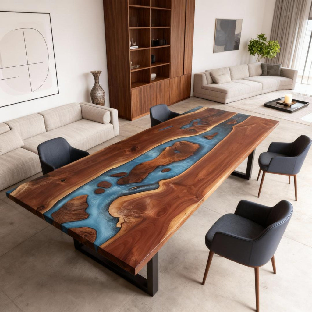 Custom Walnut Epoxy Resin River Table Sea-Glass Blue KMF-724