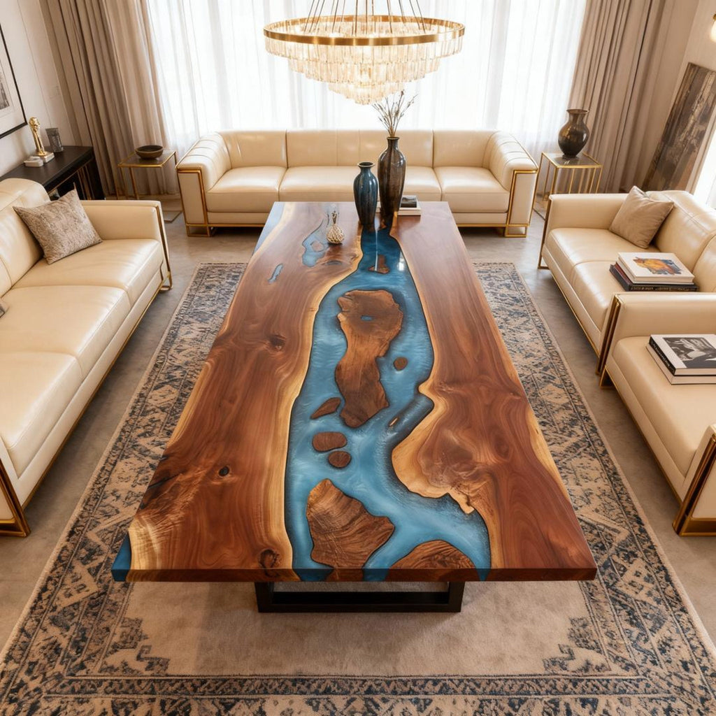 Custom Walnut Epoxy Resin River Table Sea-Glass Blue KMF-724