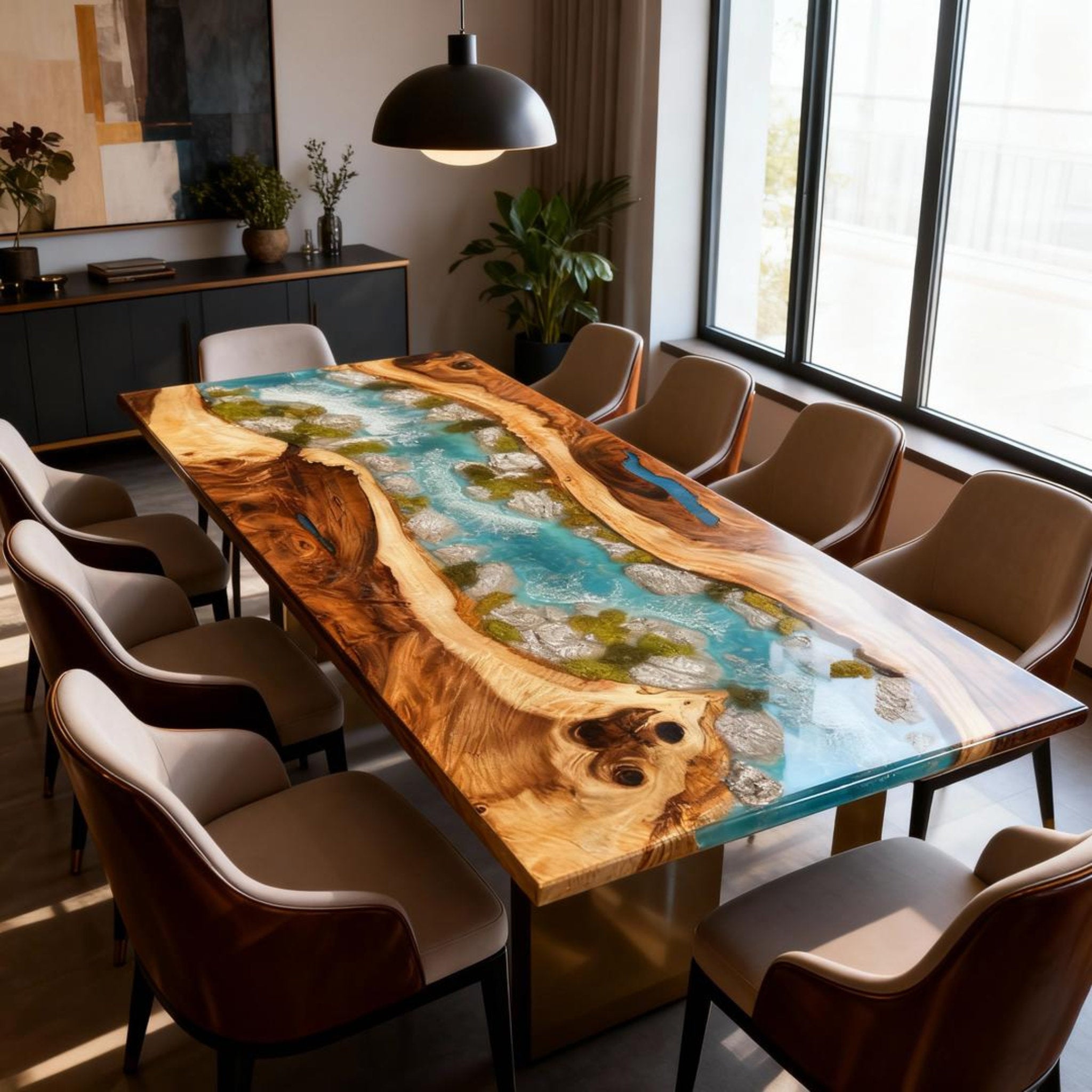 Table rivière personnalisée en résine époxy noyer et verre de mer turquoise ZKP-726