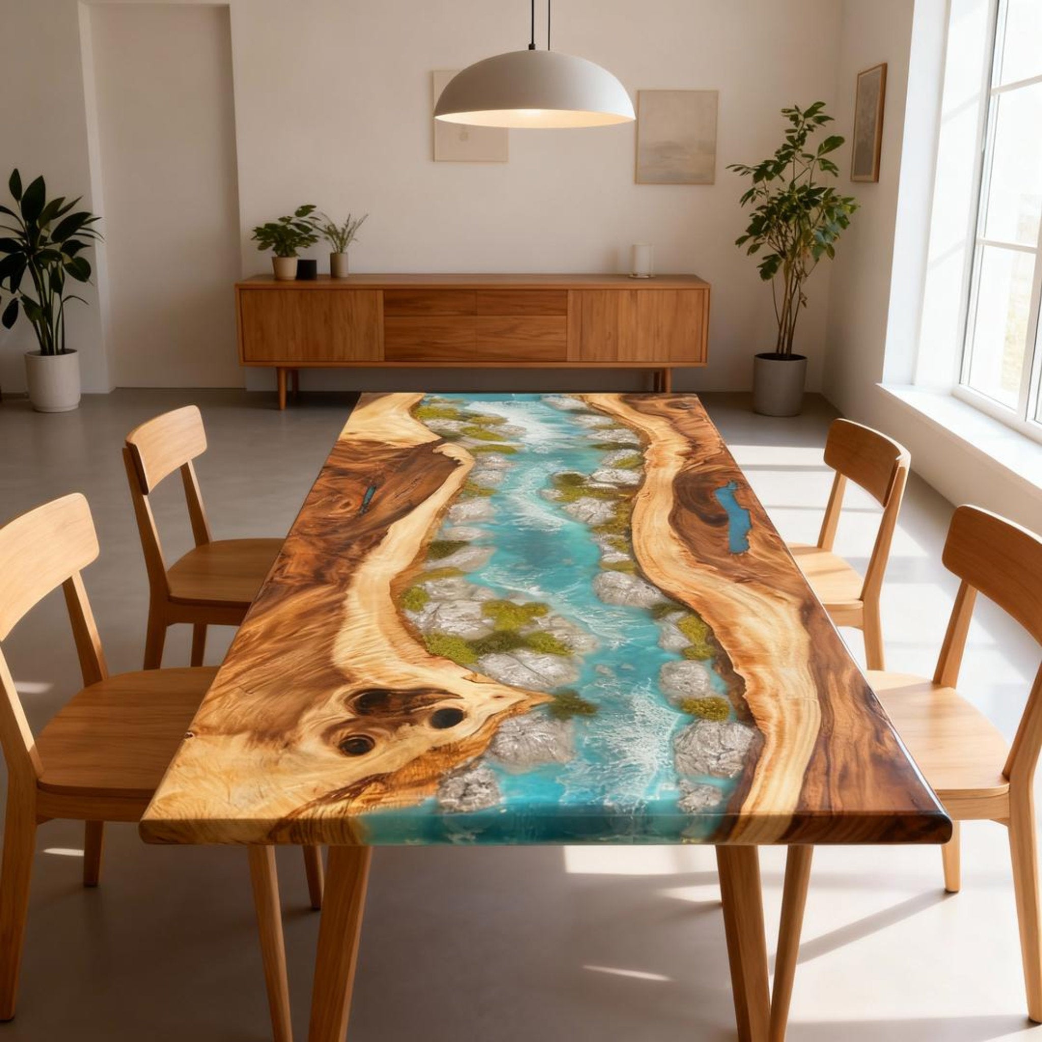Table rivière personnalisée en résine époxy noyer et verre de mer turquoise ZKP-726