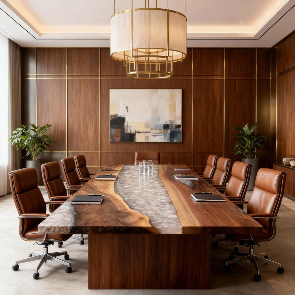 Table rivière sur mesure en résine époxy et noyer, Silver Pearl QBF-693