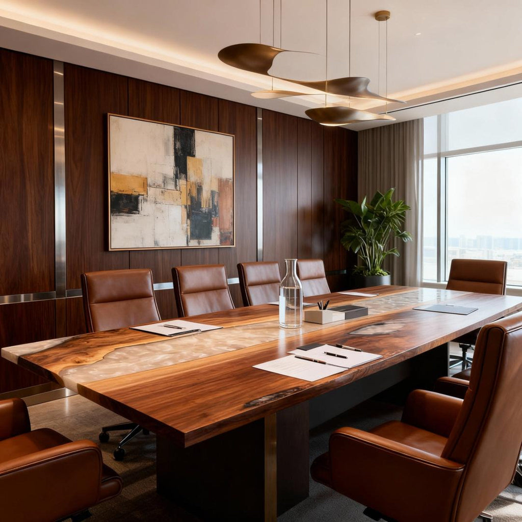 Table rivière sur mesure en résine époxy et noyer, Silver Pearl QBF-693