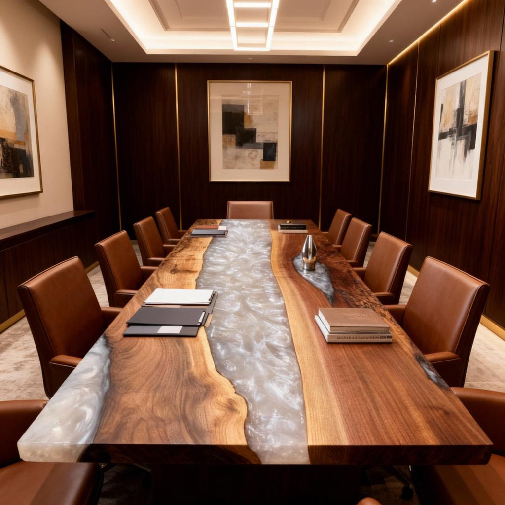 Table rivière sur mesure en résine époxy et noyer, Silver Pearl QBF-693