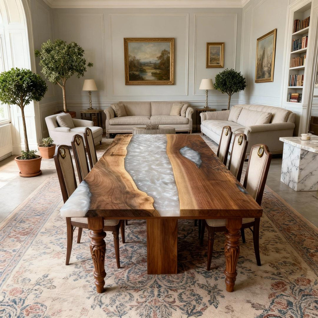 Table rivière sur mesure en résine époxy et noyer, Silver Pearl QBF-693