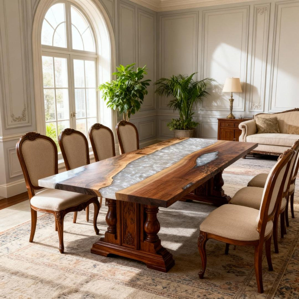 Table rivière sur mesure en résine époxy et noyer, Silver Pearl QBF-693