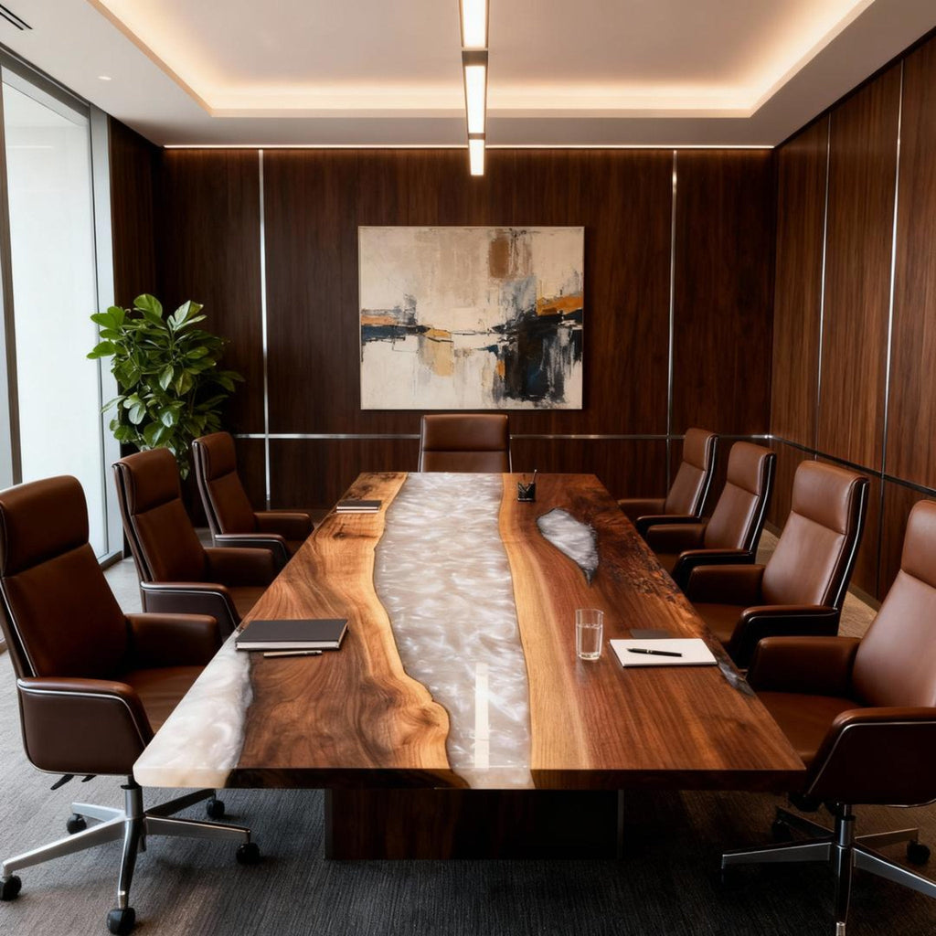 Table rivière sur mesure en résine époxy et noyer, Silver Pearl QBF-693