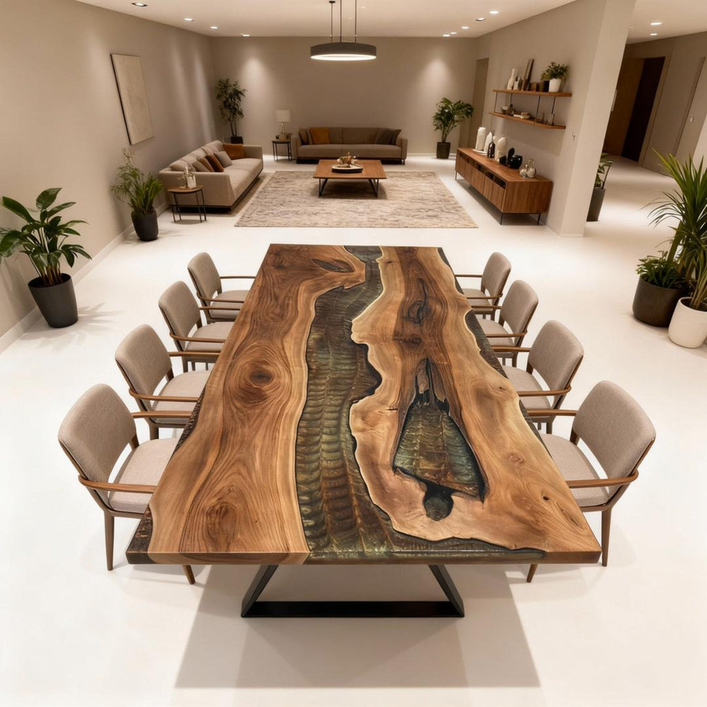 Table rivière en résine époxy et noyer sur mesure, coloris Émeraude fumée RZN-572