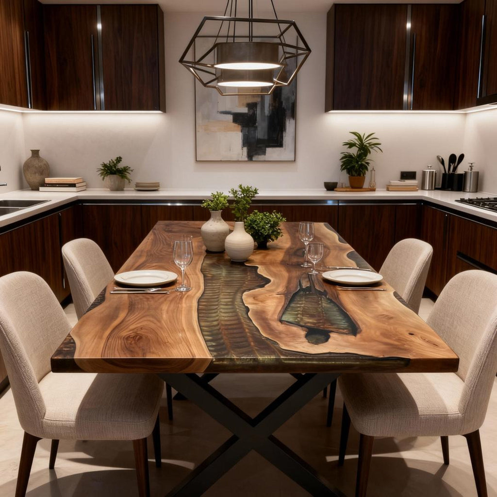 Table rivière en résine époxy et noyer sur mesure, coloris Émeraude fumée RZN-572