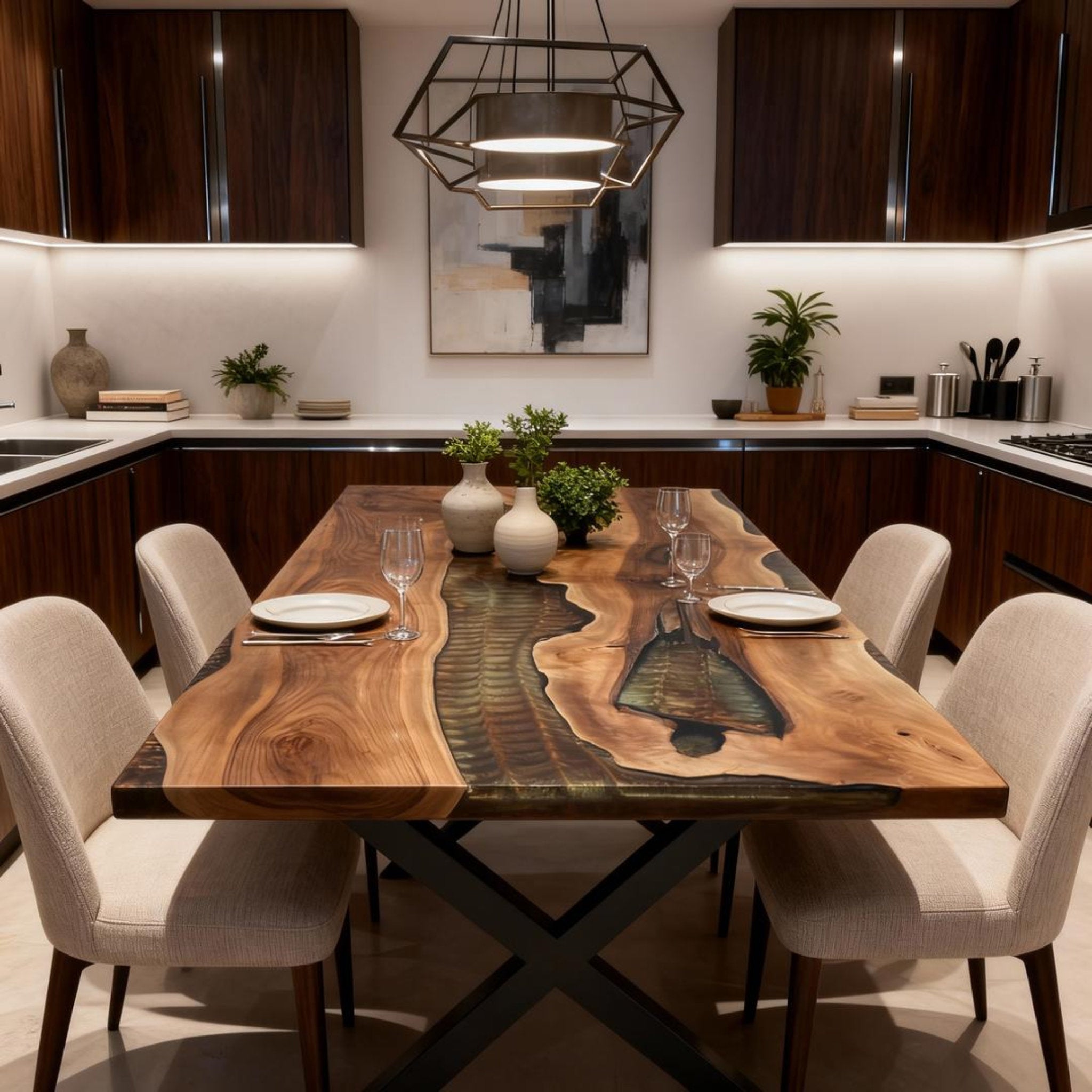 Table rivière en résine époxy et noyer sur mesure, coloris Émeraude fumée RZN-572