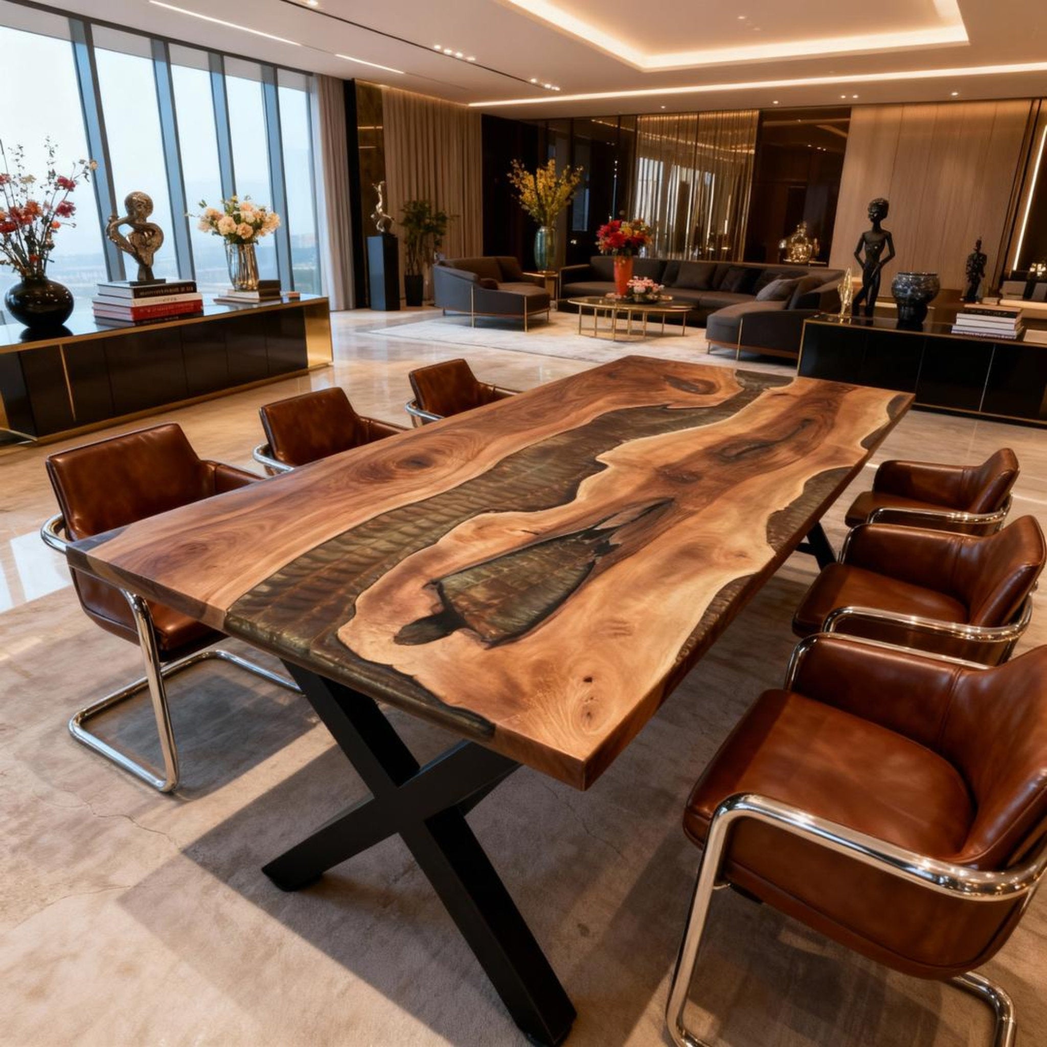 Table rivière en résine époxy et noyer sur mesure, coloris Émeraude fumée RZN-572