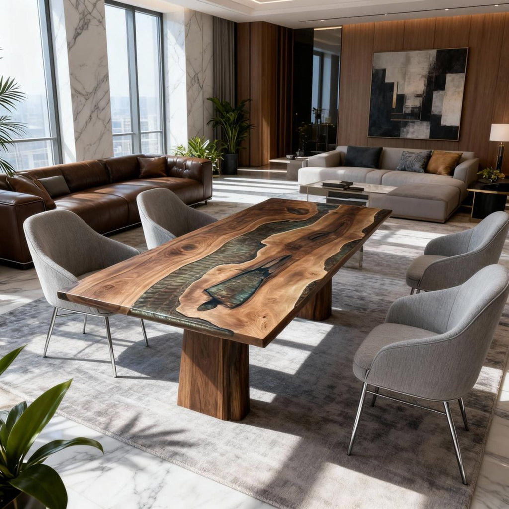 Table rivière en résine époxy et noyer sur mesure, coloris Émeraude fumée RZN-572