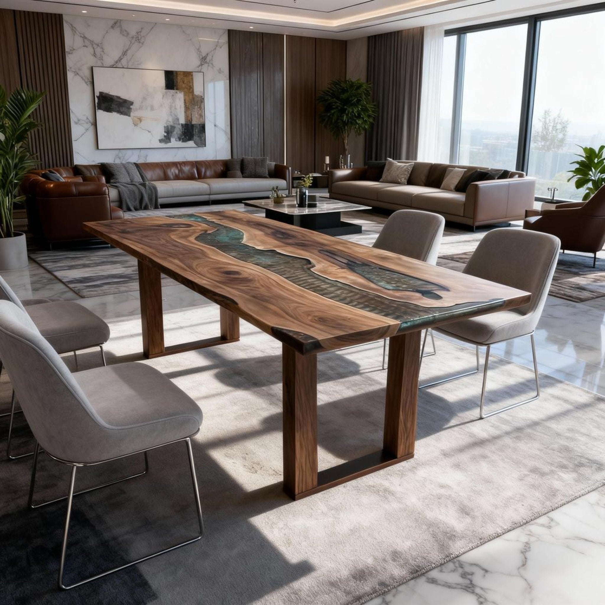 Table rivière en résine époxy et noyer sur mesure, coloris Émeraude fumée RZN-572