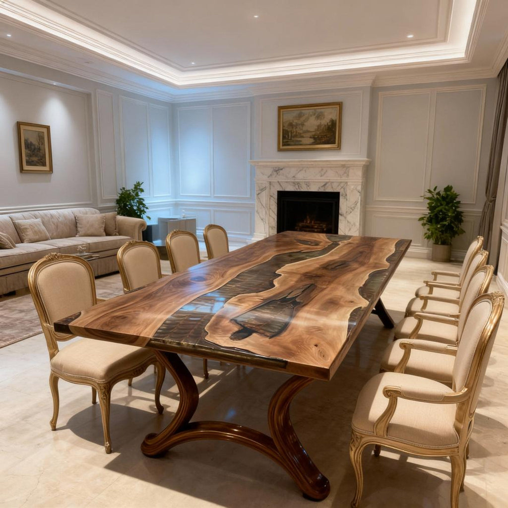 Table rivière en résine époxy et noyer sur mesure, coloris Émeraude fumée RZN-572