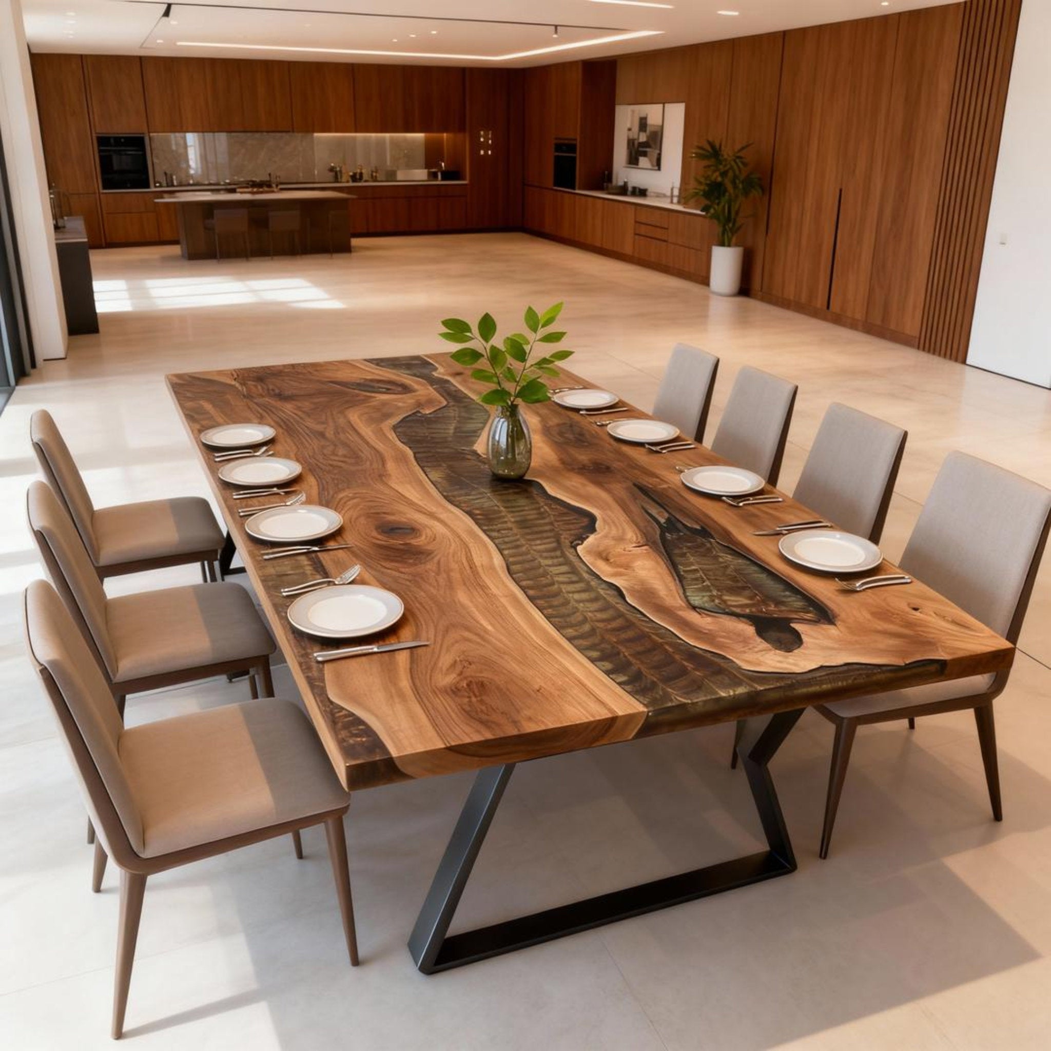 Table rivière en résine époxy et noyer sur mesure, coloris Émeraude fumée RZN-572