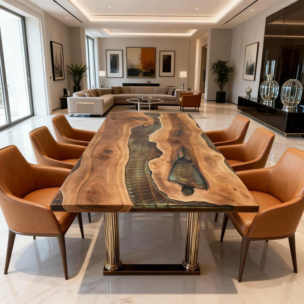 Table rivière en résine époxy et noyer sur mesure, coloris Émeraude fumée RZN-572