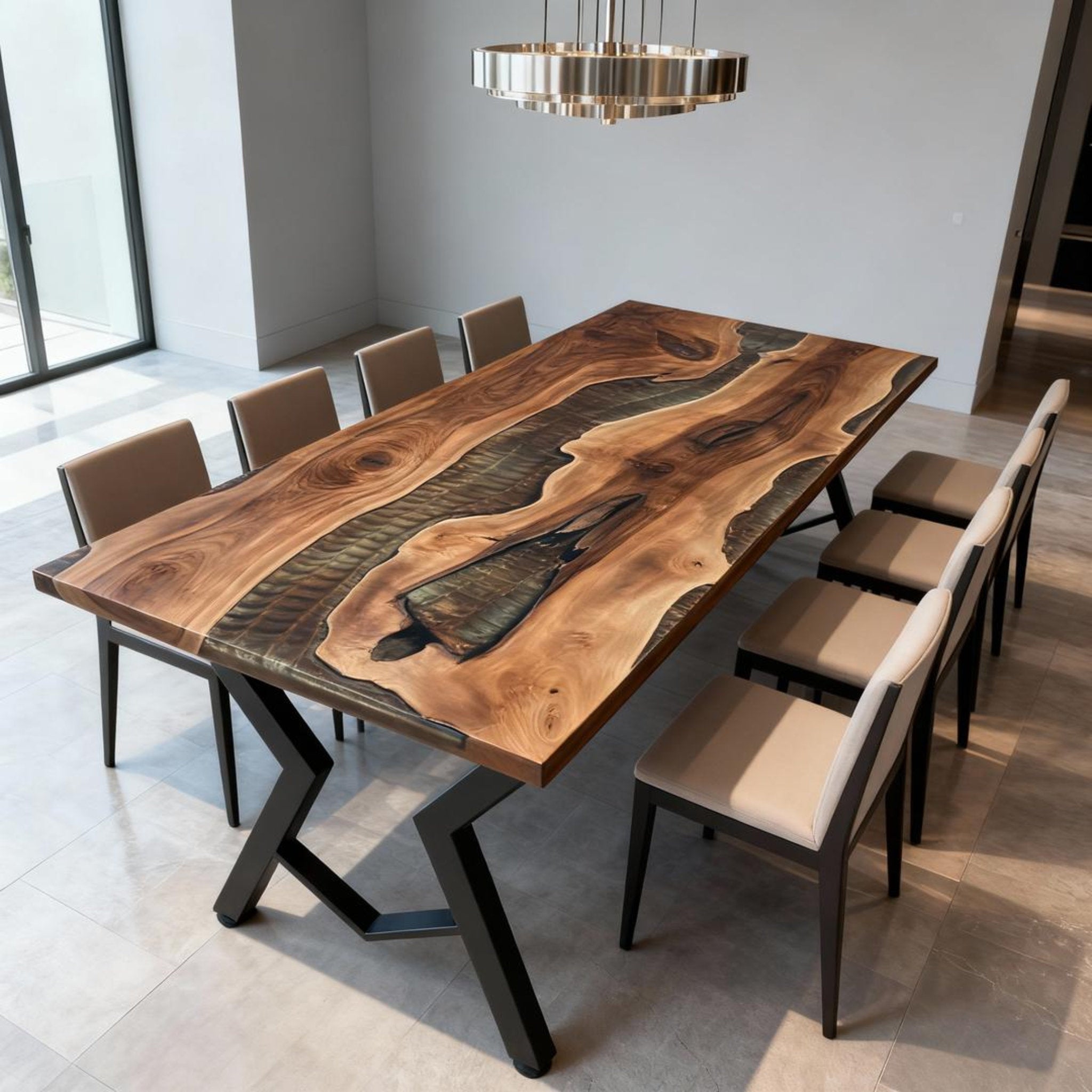 Table rivière en résine époxy et noyer sur mesure, coloris Émeraude fumée RZN-572