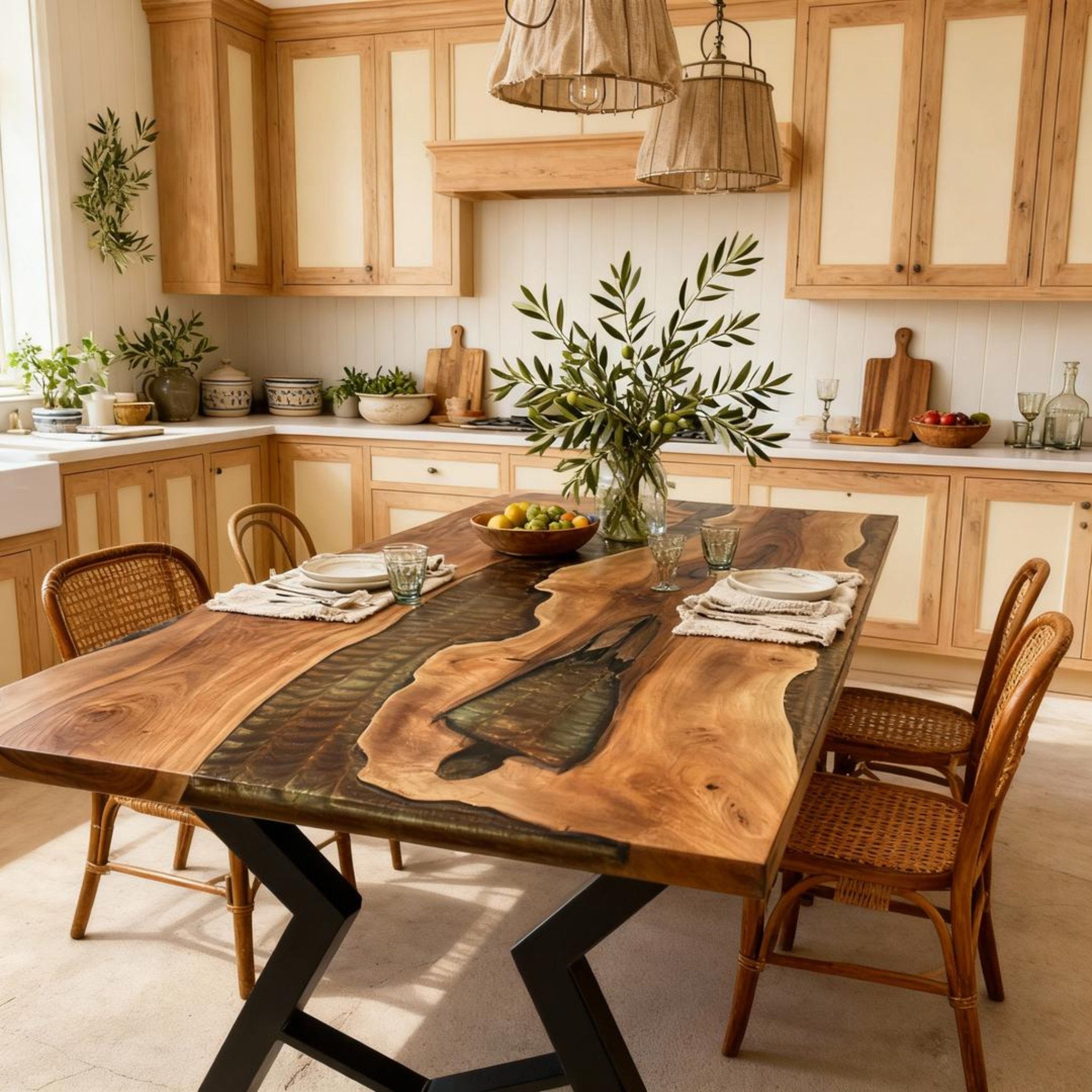 Table rivière en résine époxy et noyer sur mesure, coloris Émeraude fumée RZN-572