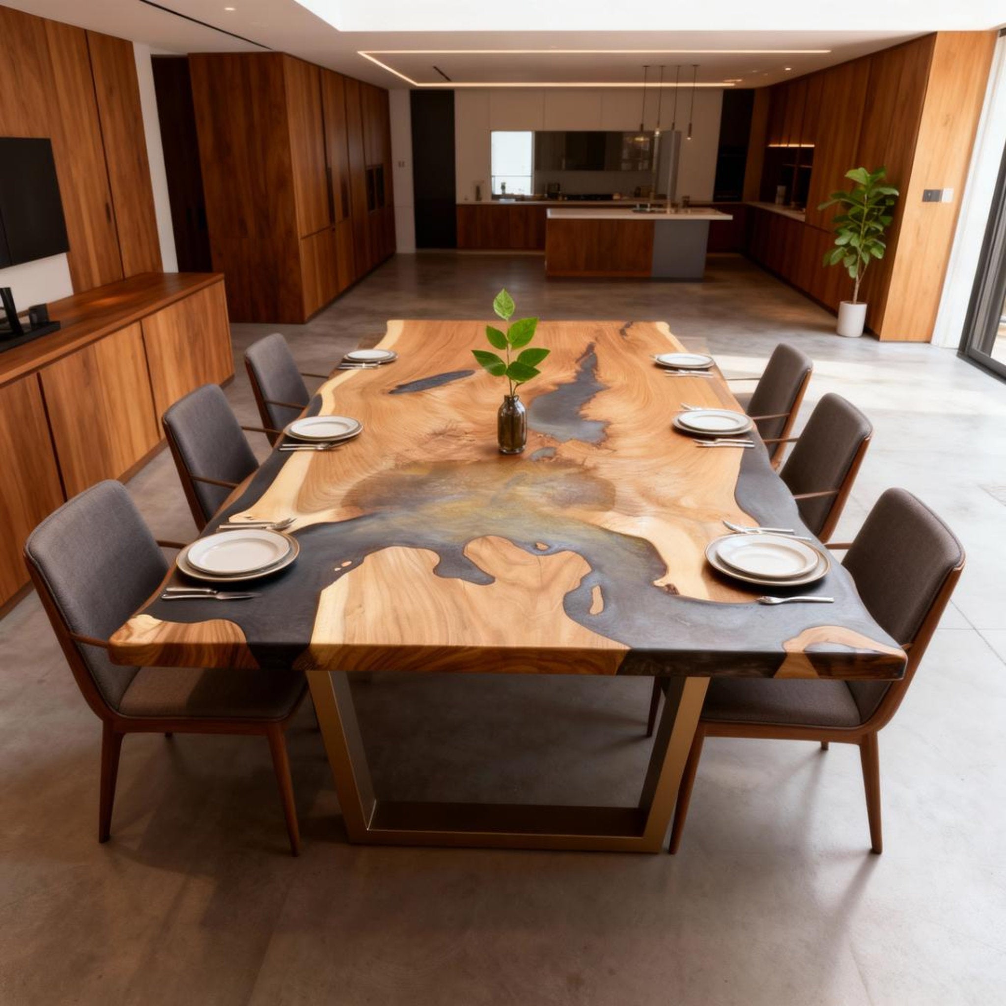 Table rivière personnalisée en résine époxy noyer, finition perle noire fumée QJB-482