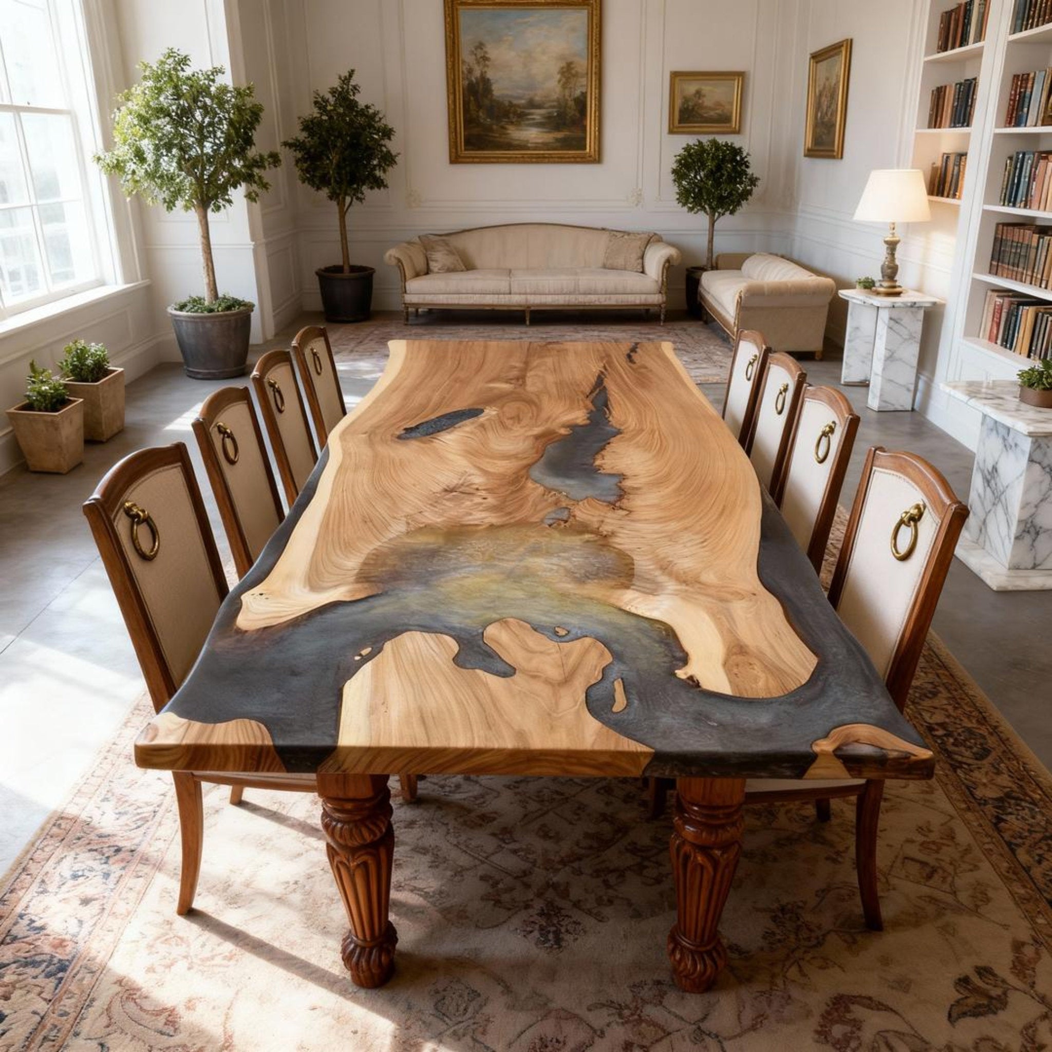 Table rivière personnalisée en résine époxy noyer, finition perle noire fumée QJB-482