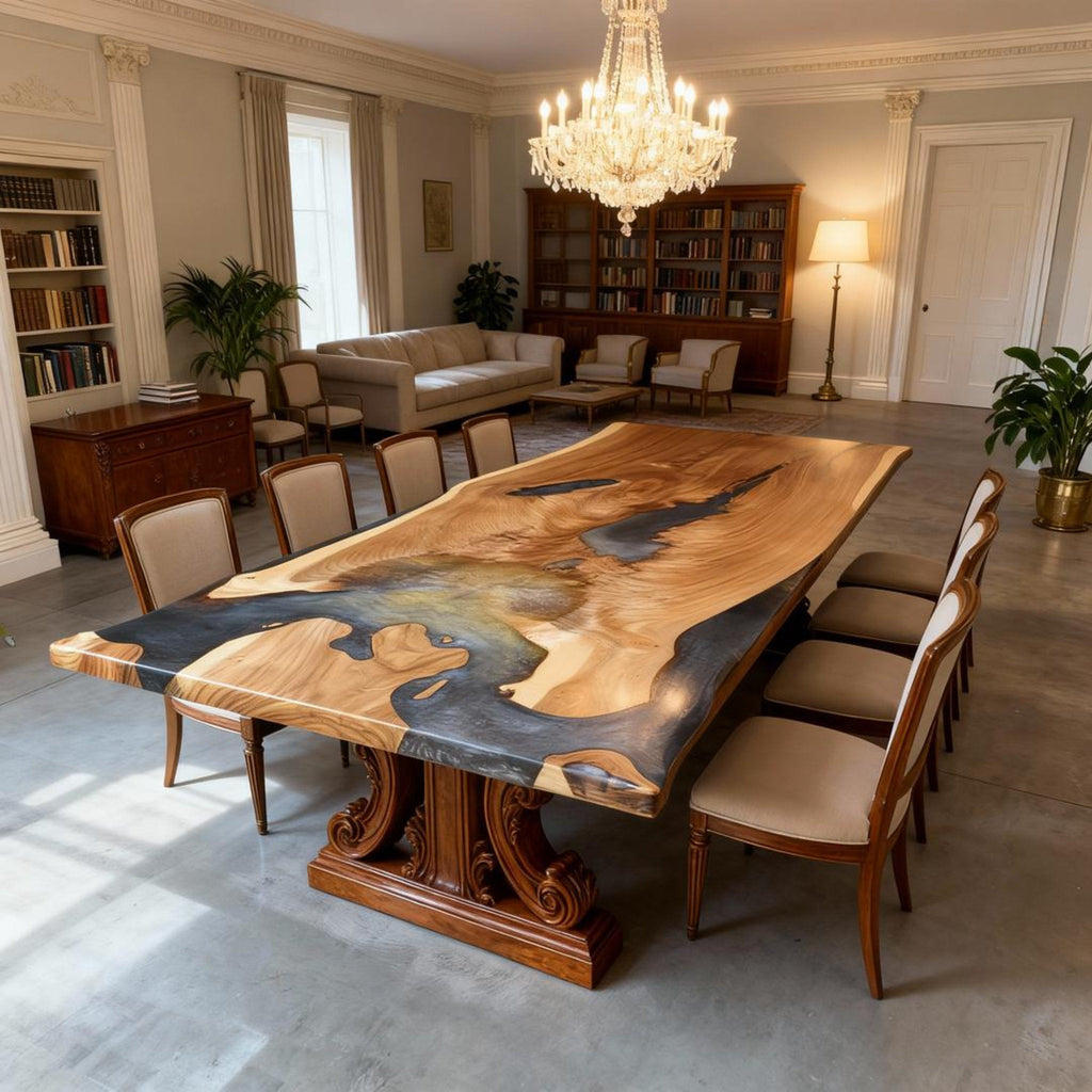 Table rivière personnalisée en résine époxy noyer, finition perle noire fumée QJB-482