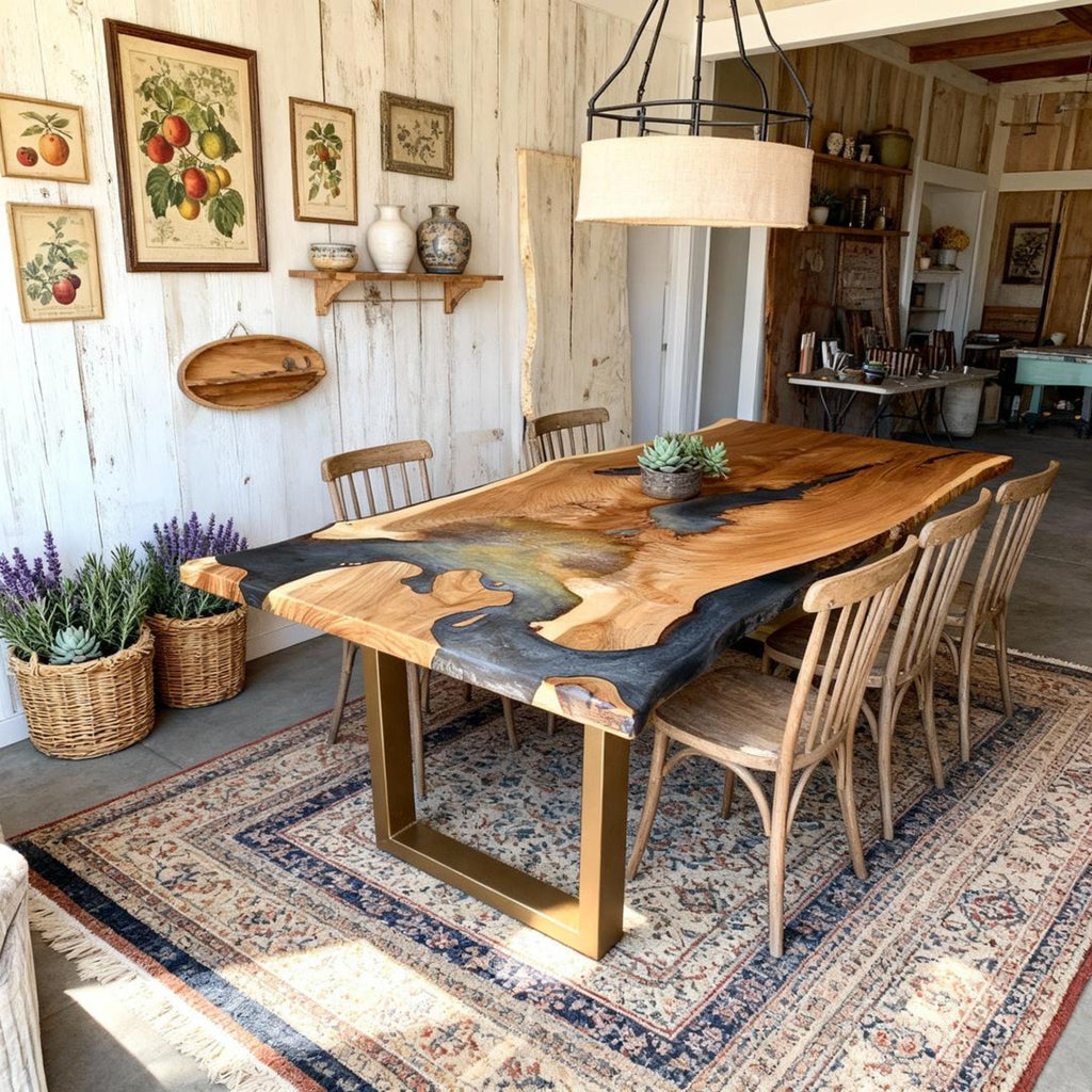 Table rivière personnalisée en résine époxy noyer, finition perle noire fumée QJB-482