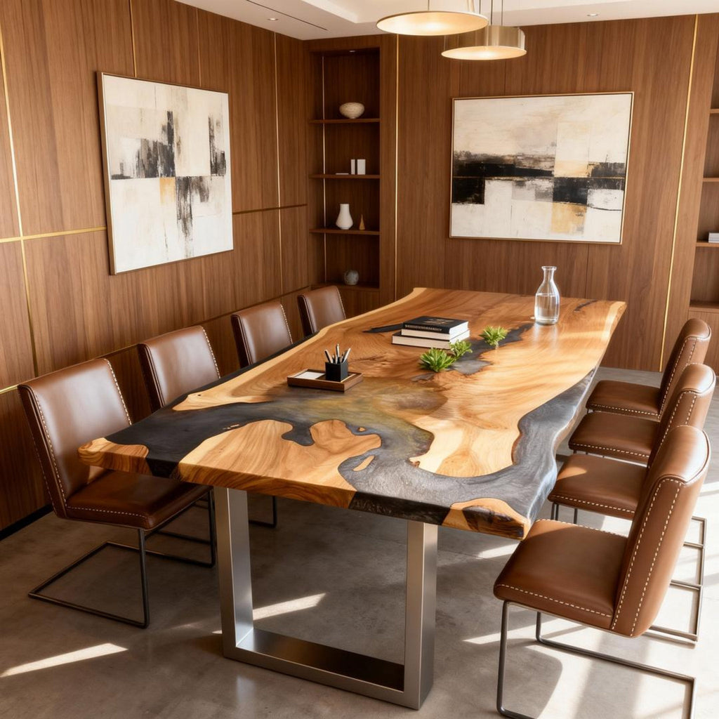 Table rivière personnalisée en résine époxy noyer, finition perle noire fumée QJB-482