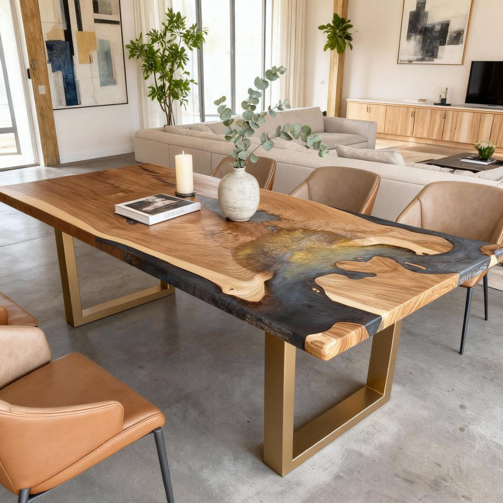 Table rivière personnalisée en résine époxy noyer, finition perle noire fumée QJB-482