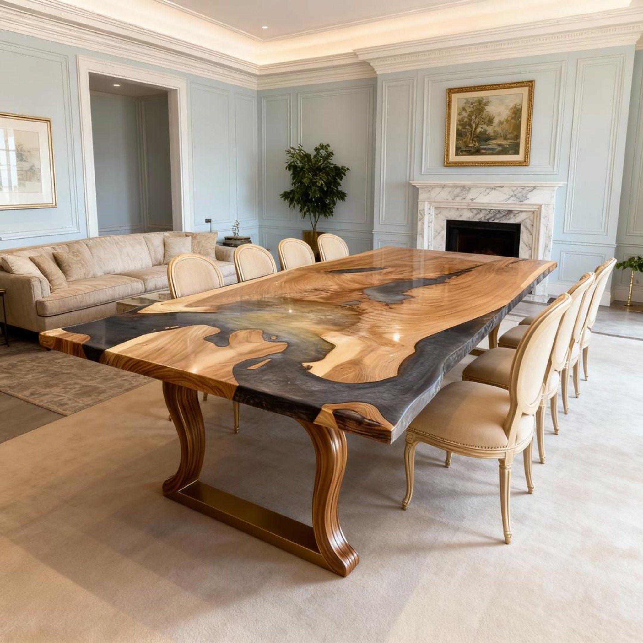 Table rivière personnalisée en résine époxy noyer, finition perle noire fumée QJB-482