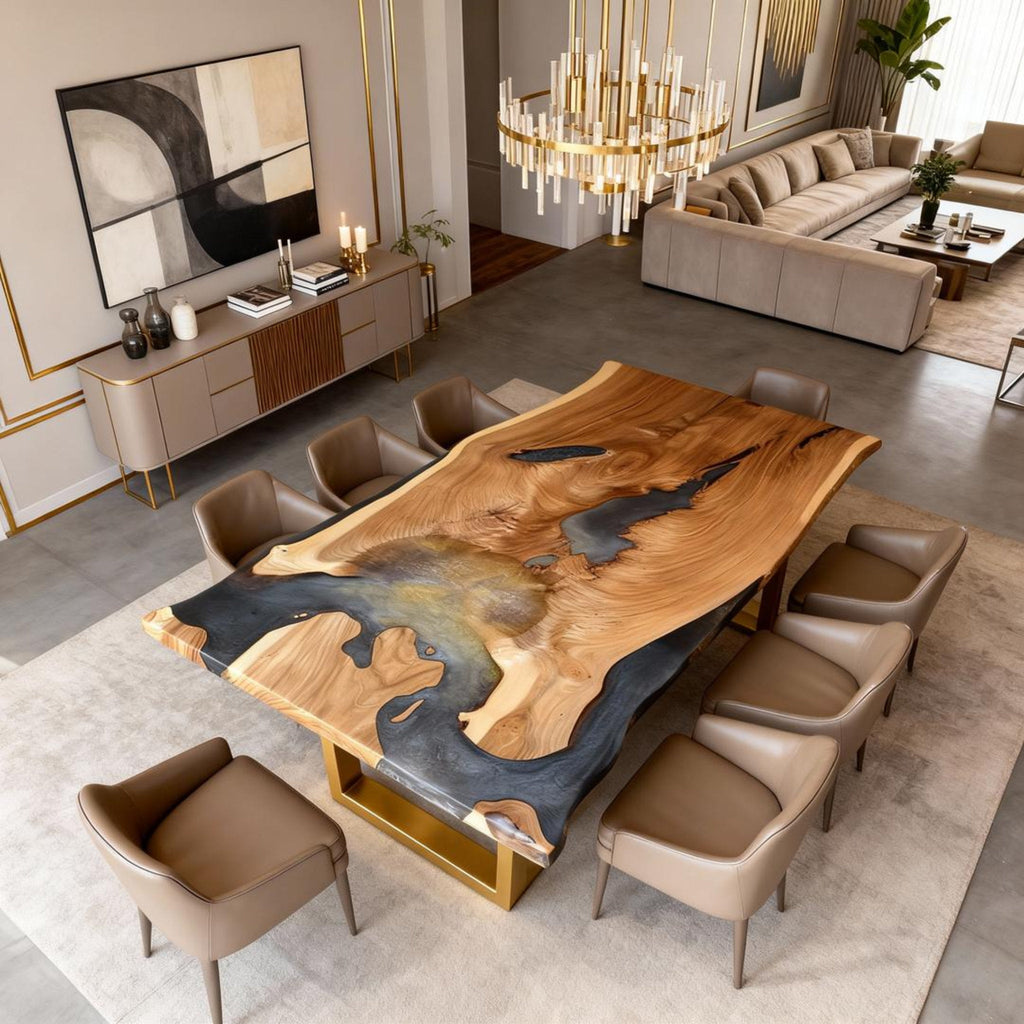 Table rivière personnalisée en résine époxy noyer, finition perle noire fumée QJB-482