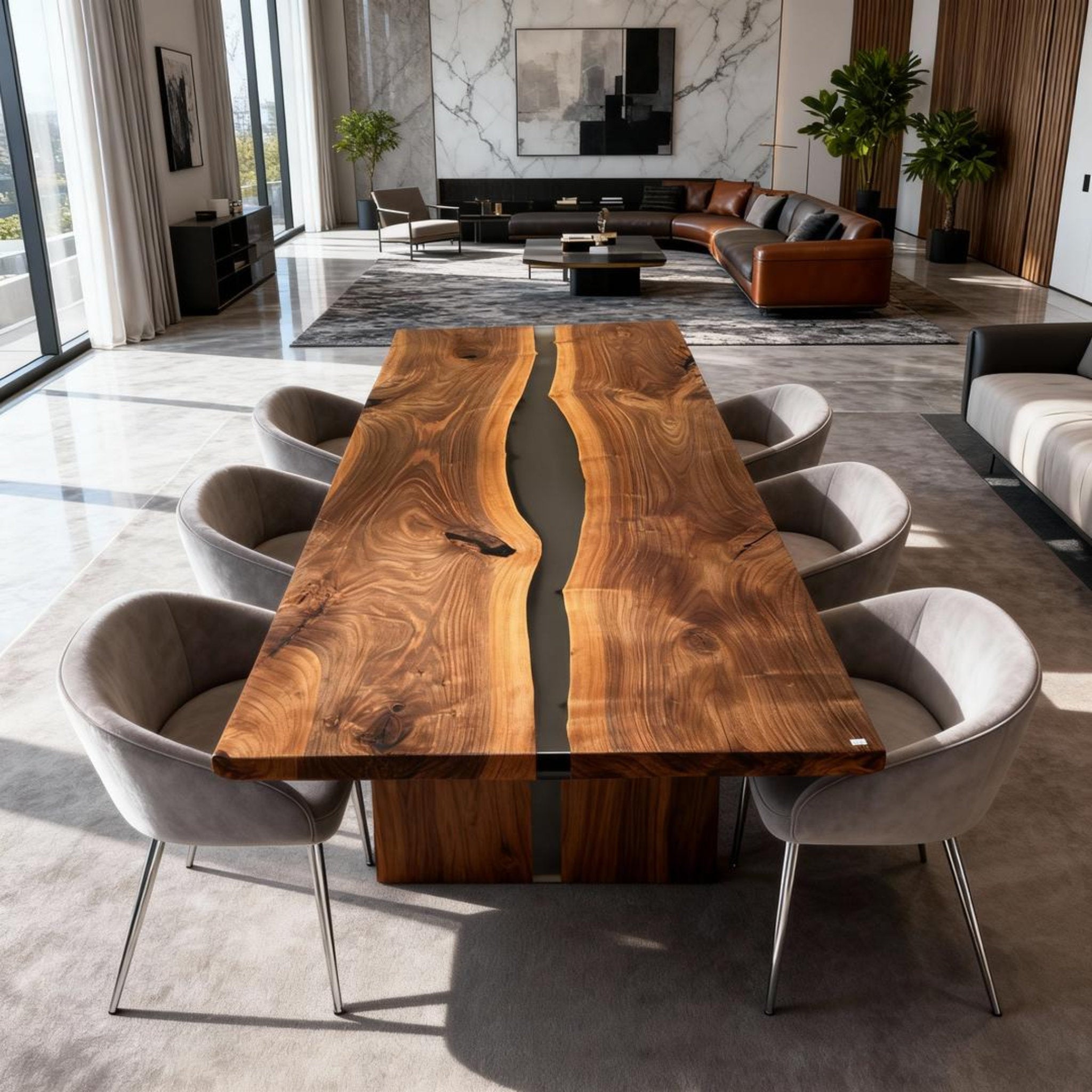 Table rivière personnalisée en résine époxy noyer, couleur sauge fumée, ZQX-847