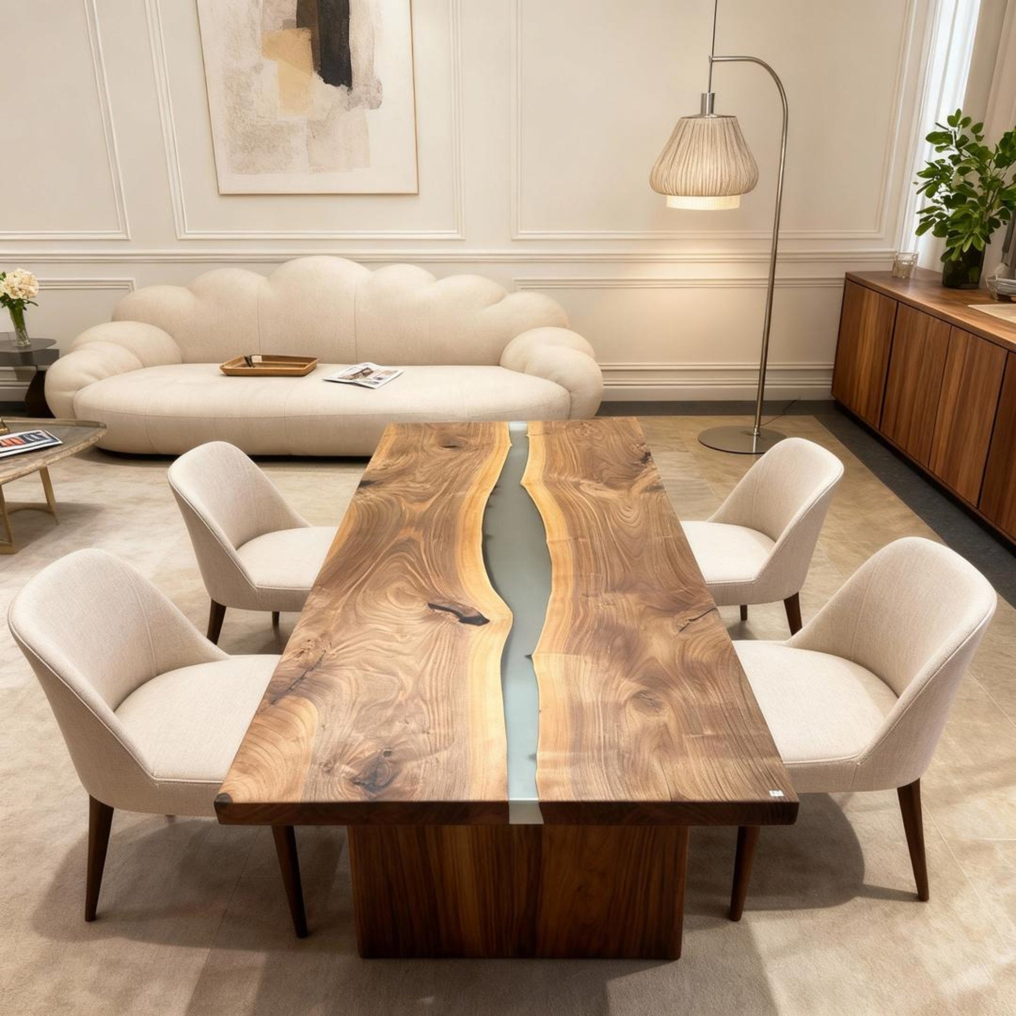 Table rivière personnalisée en résine époxy noyer, couleur sauge fumée, ZQX-847