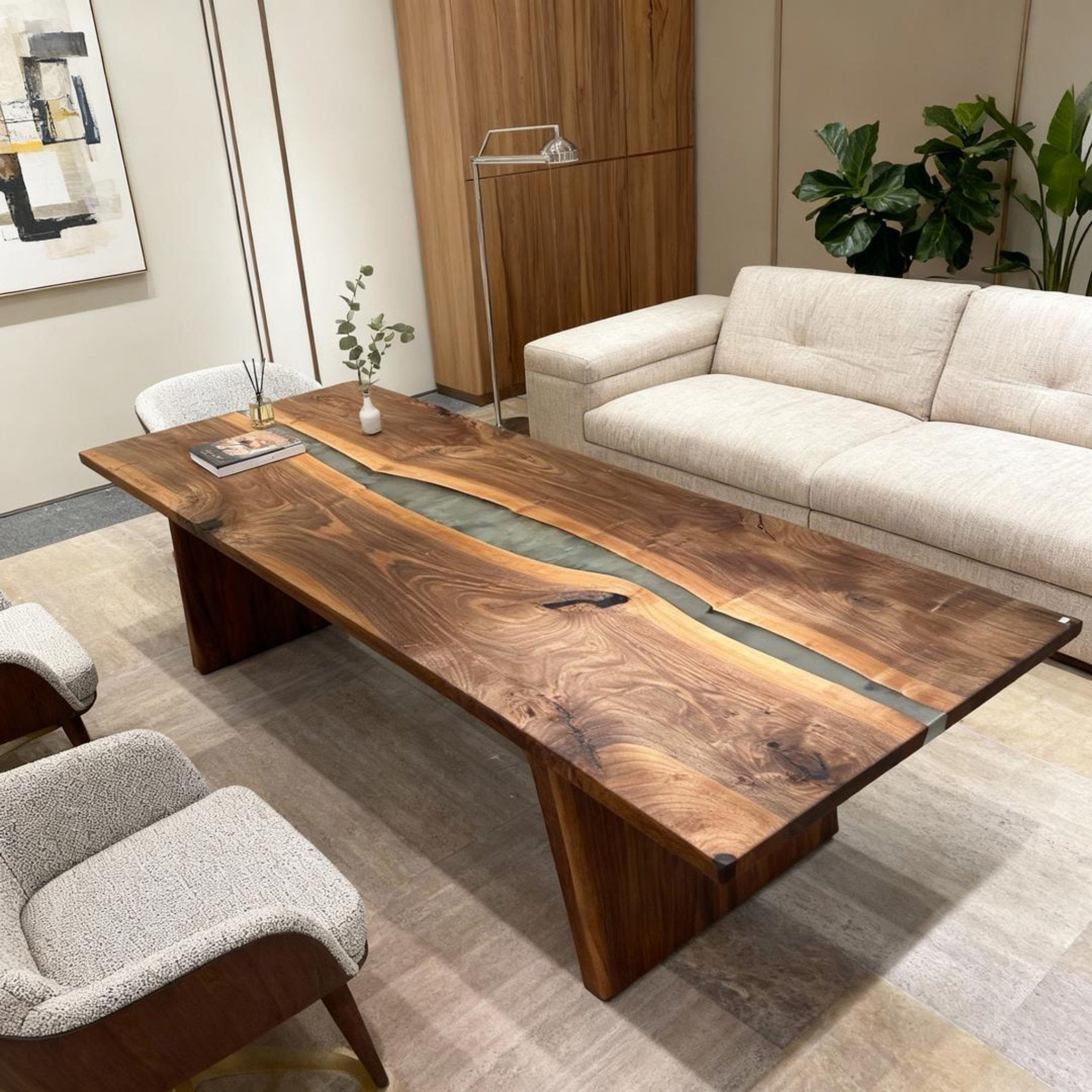 Table rivière personnalisée en résine époxy noyer, couleur sauge fumée, ZQX-847