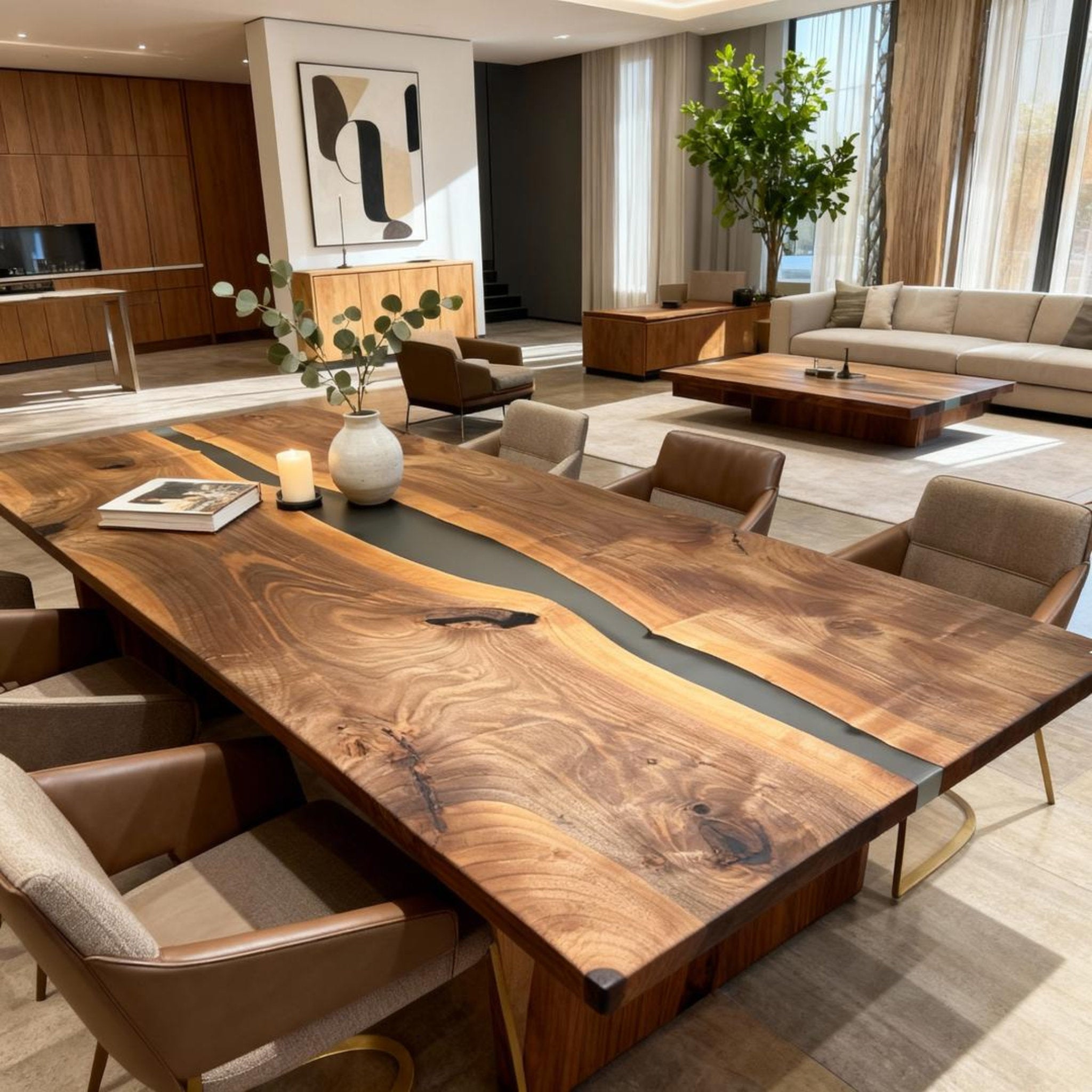 Table rivière personnalisée en résine époxy noyer, couleur sauge fumée, ZQX-847