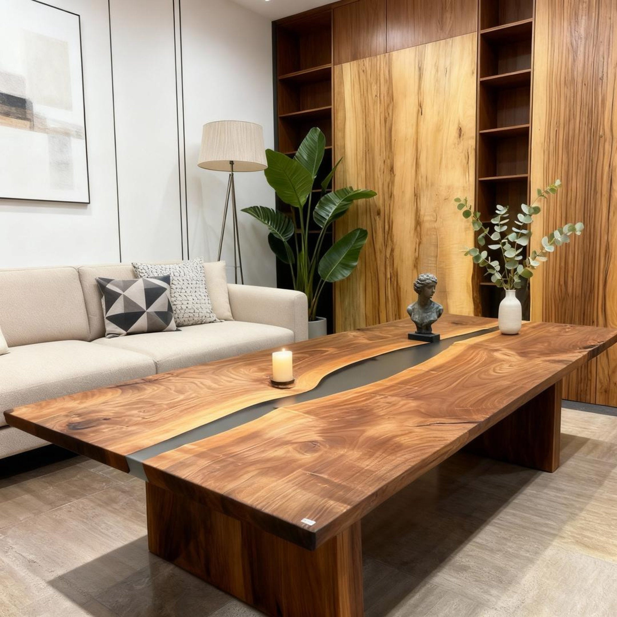 Table rivière personnalisée en résine époxy noyer, couleur sauge fumée, ZQX-847