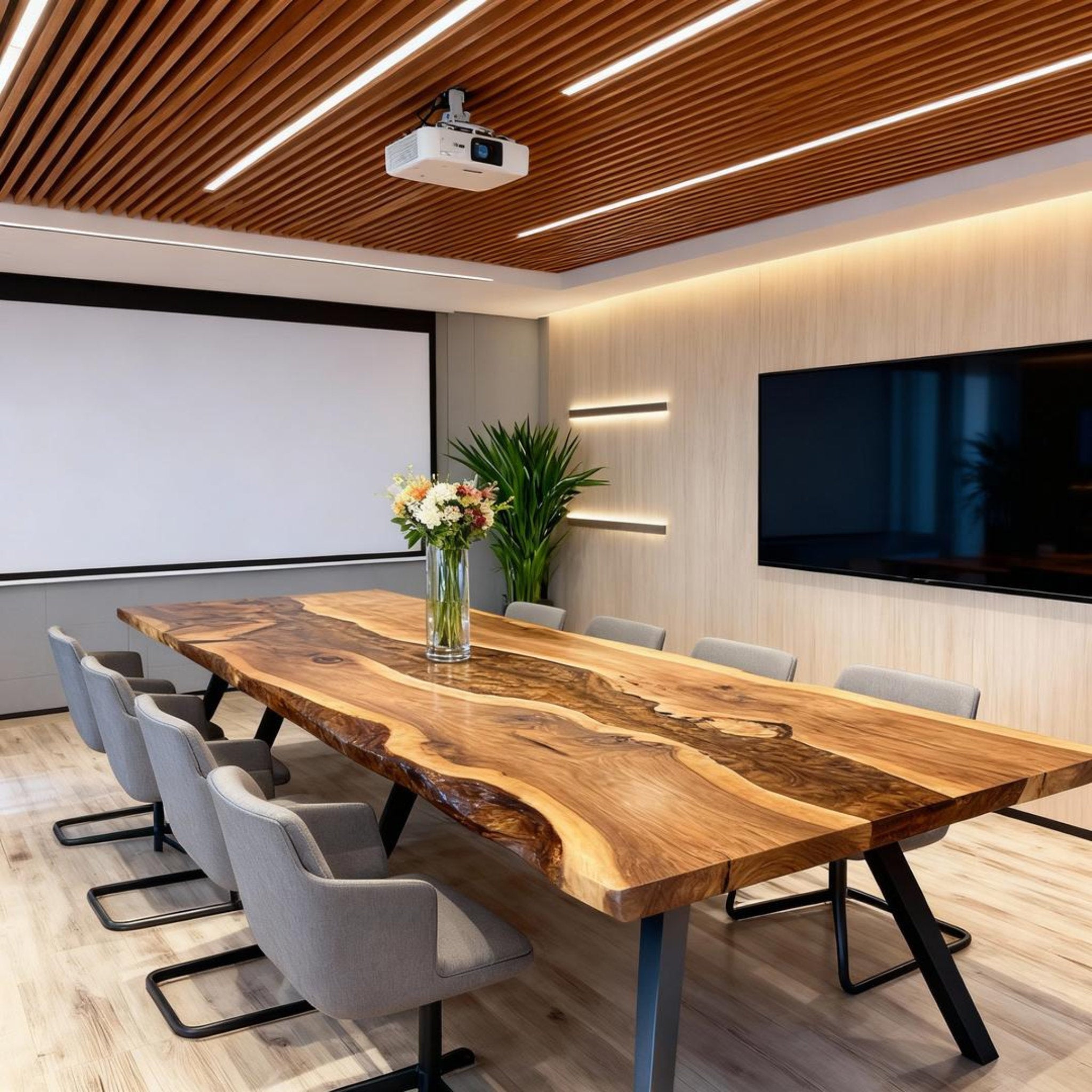 Table rivière en résine époxy noyer sur mesure, ambre transparent JQP-587