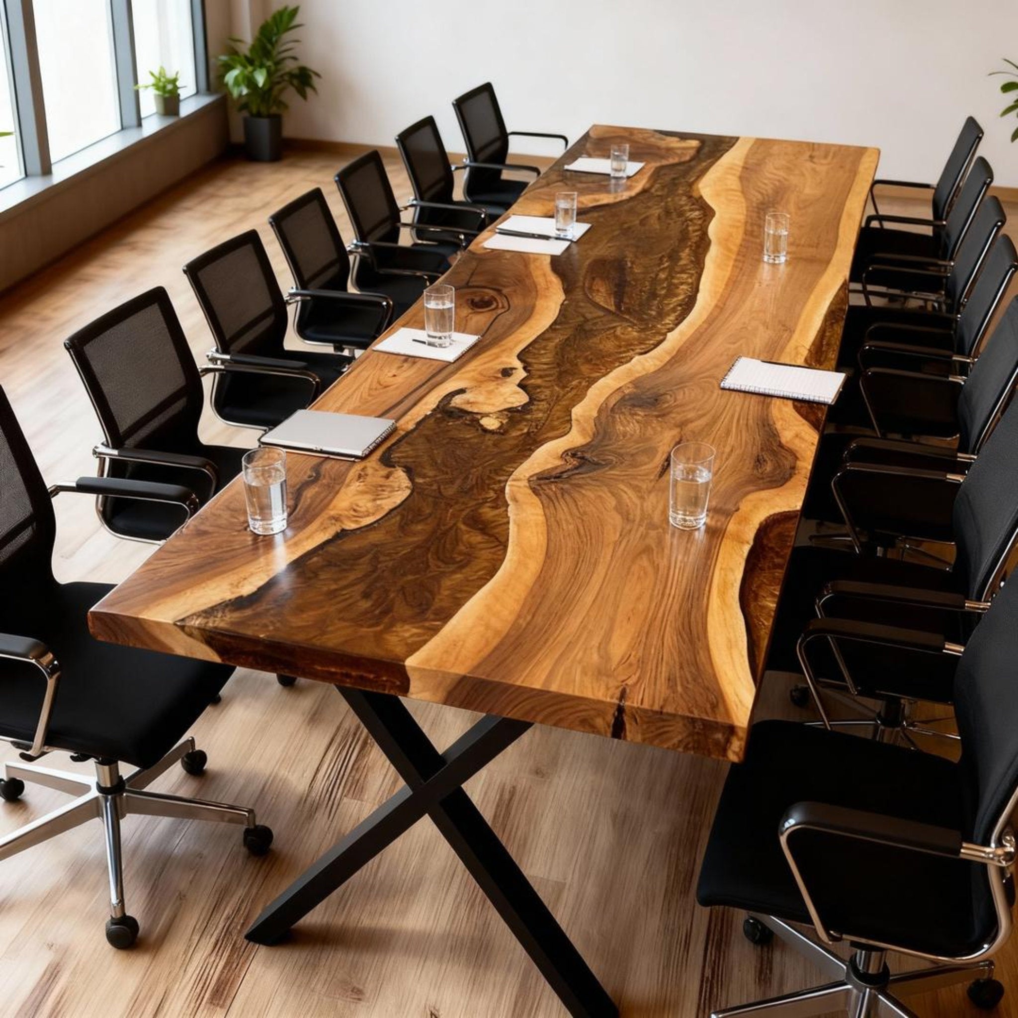 Table rivière en résine époxy noyer sur mesure, ambre transparent JQP-587